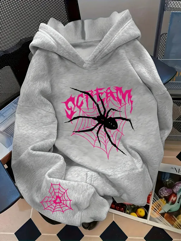 Men's Gothic Spider Print Hoodie Hip Hop Sports Casual Streetwear Pink Graffiti Pullover Sweatshirt Tops