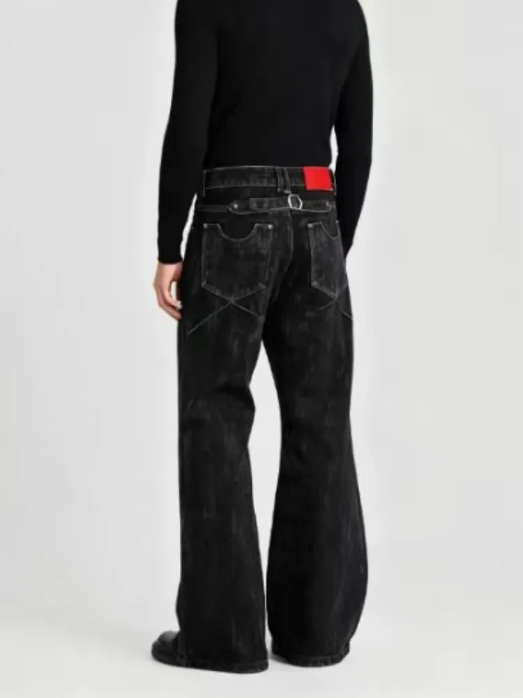 Mens Ins Style Jeans Fashion New American Vintage Flocked Flared Denim Pants Harajuku Unisex Loose Fit High Street Streetwear