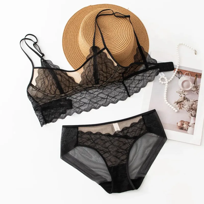 Sexy Silk Lingerie Set Women Push Up Lace Bralette Panty Set Pure Desire Swimsuit Beach Cover Up