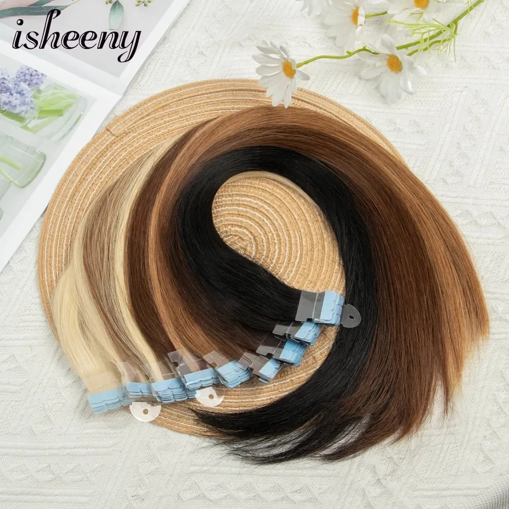 Isheeny 12"-20" Mini Tape Hair Extensions Machine Remy Skin Weft Adhesive Tape In Human Hair Natural Black Brown Blonde 10pcs