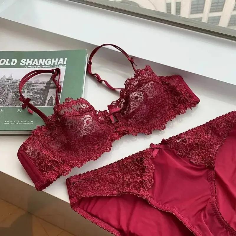 Conjunto de Sujetador de encaje Sexy para mujer, lencería erótica oculta de media Copa transparente, pezón ultrafino, ropa interior cómoda de realce, talla grande