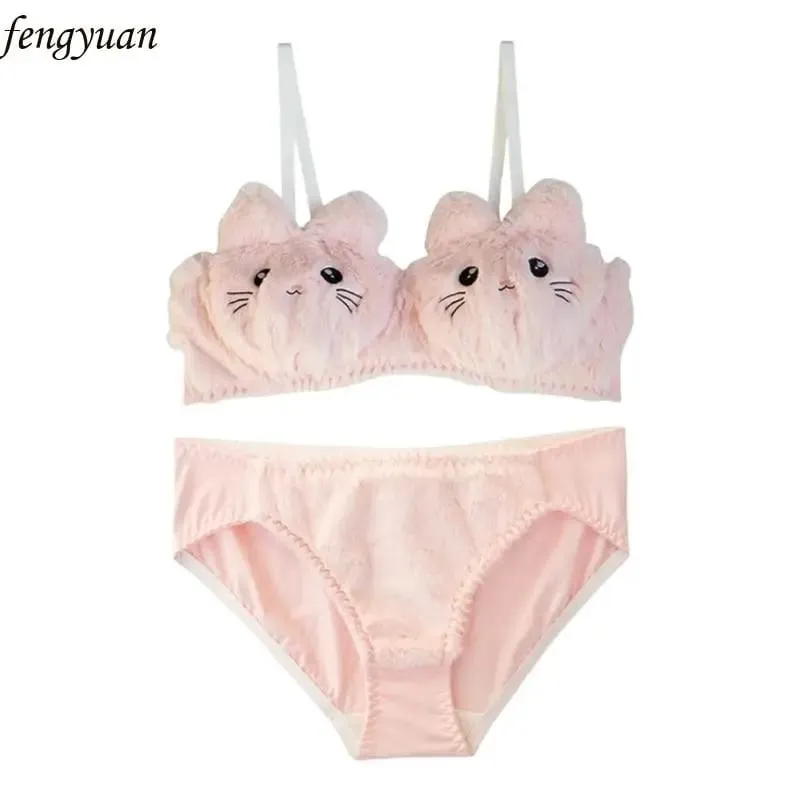 B2QE Women Plush Bra Panty Set Funny Cats Bra Panties Set Cartoon Plush Underwear Soft Lovely Student Girls Lingerie Gifts