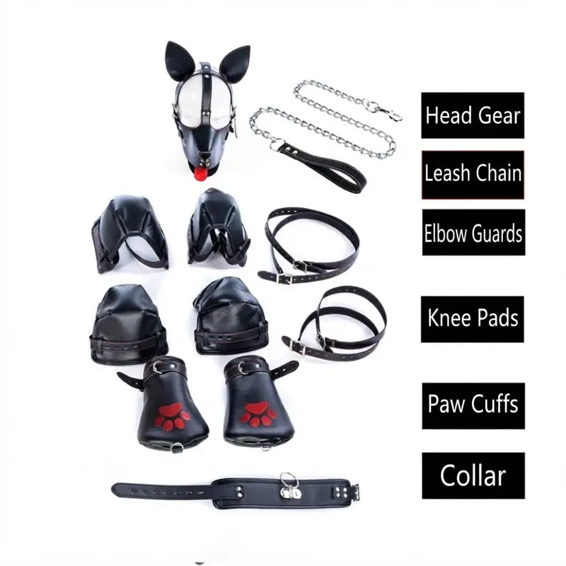 Adult Games Puppy Role Play Kits with Fetish Puppy Hood Mask Binding Gloves Boots Protectors for Couple Crawling SM Sex Toys 18+