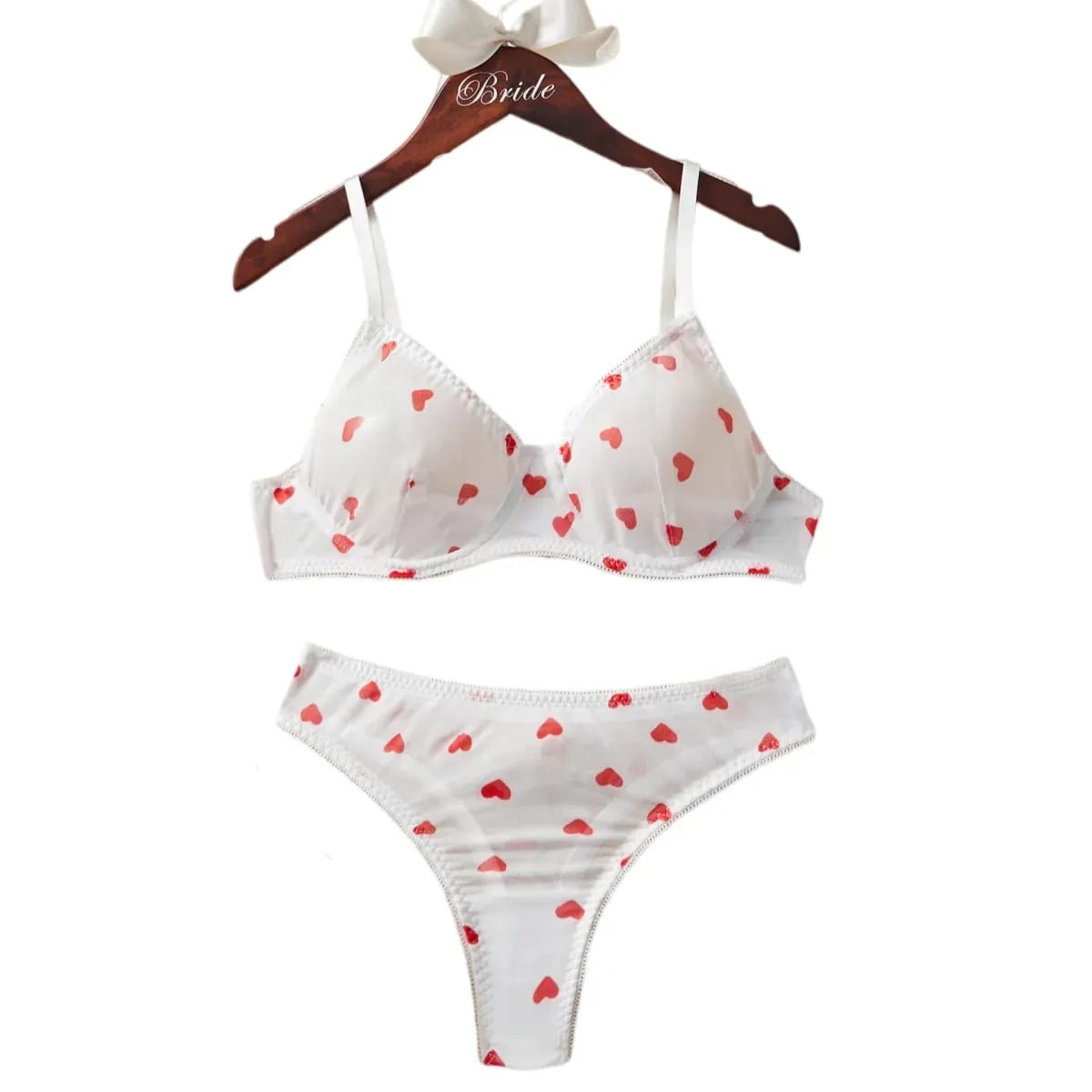 White Red Heart Polka Dots Mesh Sheer Lace Babydoll Sensual Lingerie Bra Set For Women Underwear Intimate Sexy Panty Set 2026