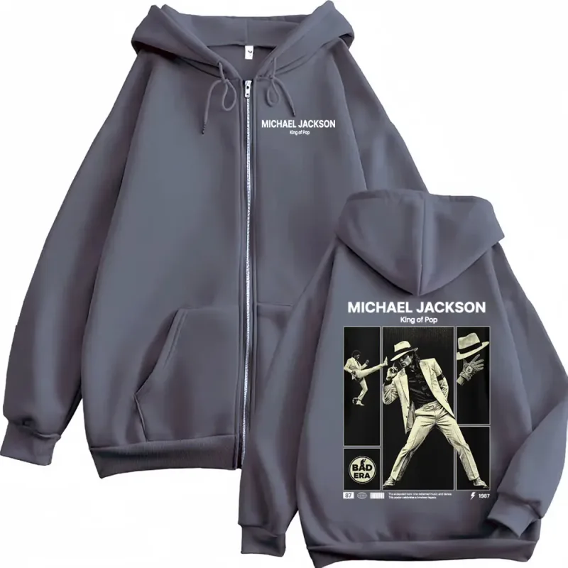 Michael Jackson King Of Pop Zip Up Hoodie Pakaian Pria Klasik Vintage Jaket Kaus Harajuku Bulu Ritsleting Berkerudung Mantel