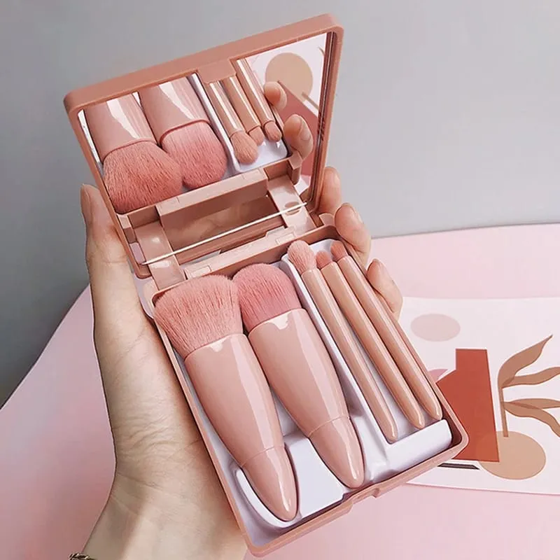 【B】5Pcs Makeup Brushes Set Mini Makeup Brushes Small Complete Function Cosmetic Brushes Kit With Case And Mirror