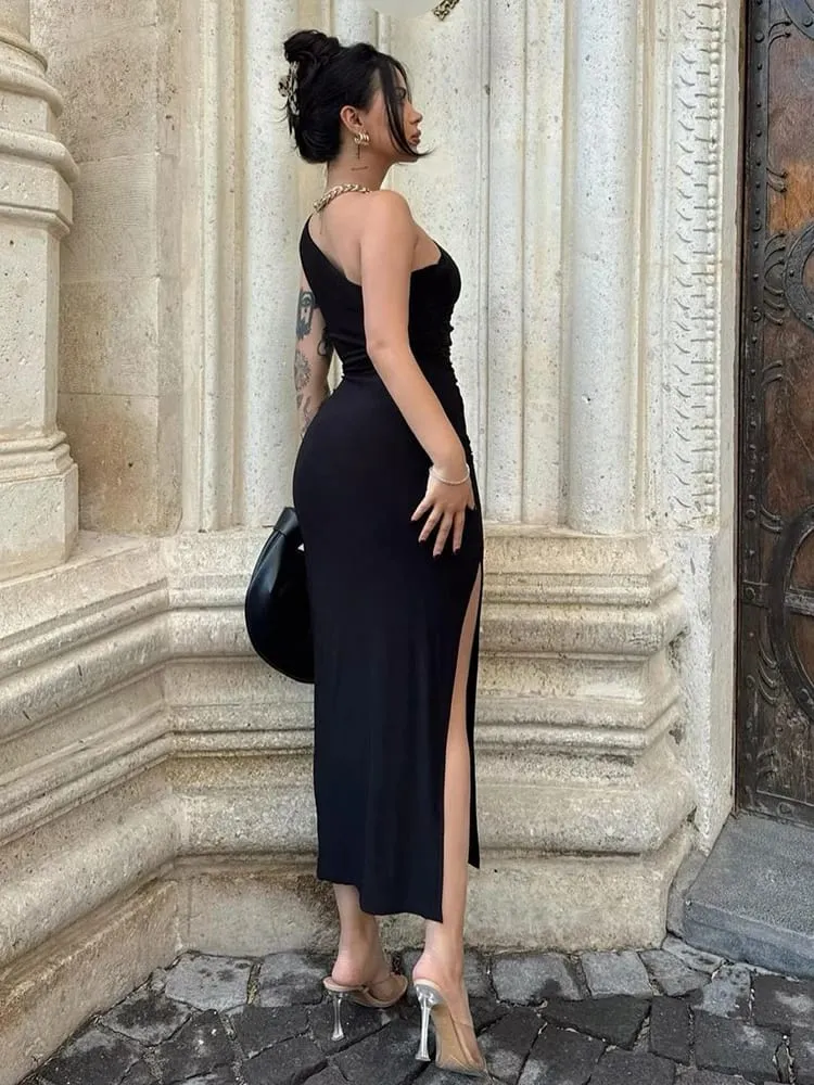 Women Maxi Dresses Sexy Split Black Sleeveless Backless Slim Dress Summer Female Fashion Off Shoulder Club Elegant Party Dresses