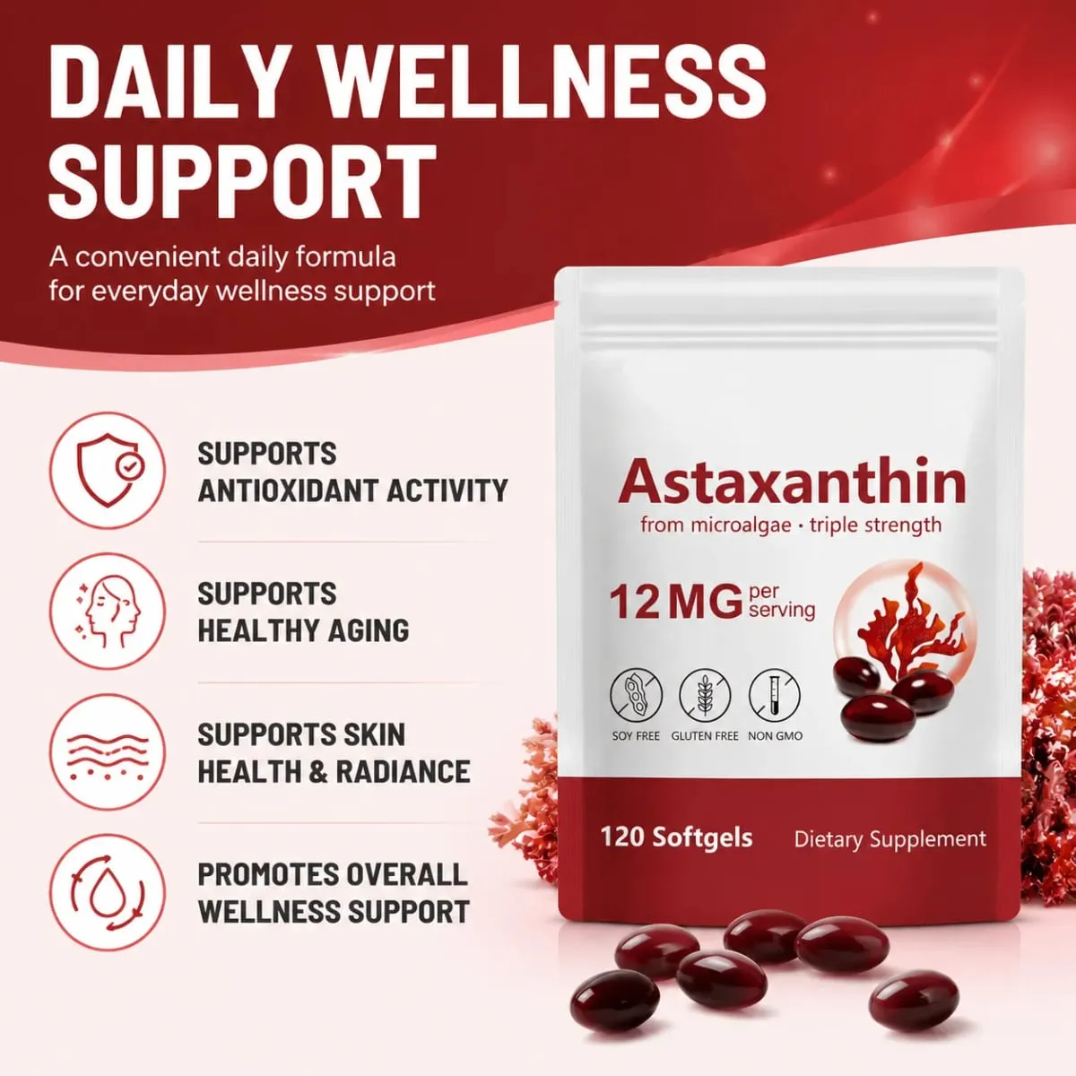 Cilt Sağlığı ve Sağlıklı Yaşlanma için Antioksidan Destekli Mikroalglerden Astaksantin Takviyesi 12mg Softgeller 120 Sayısı