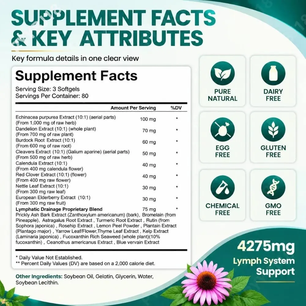 Lymphatic Support Softgels with Echinacea Dandelion Herbal Supplement 21-in-1 Botanical Formula for Lymph Flow System 240 Count