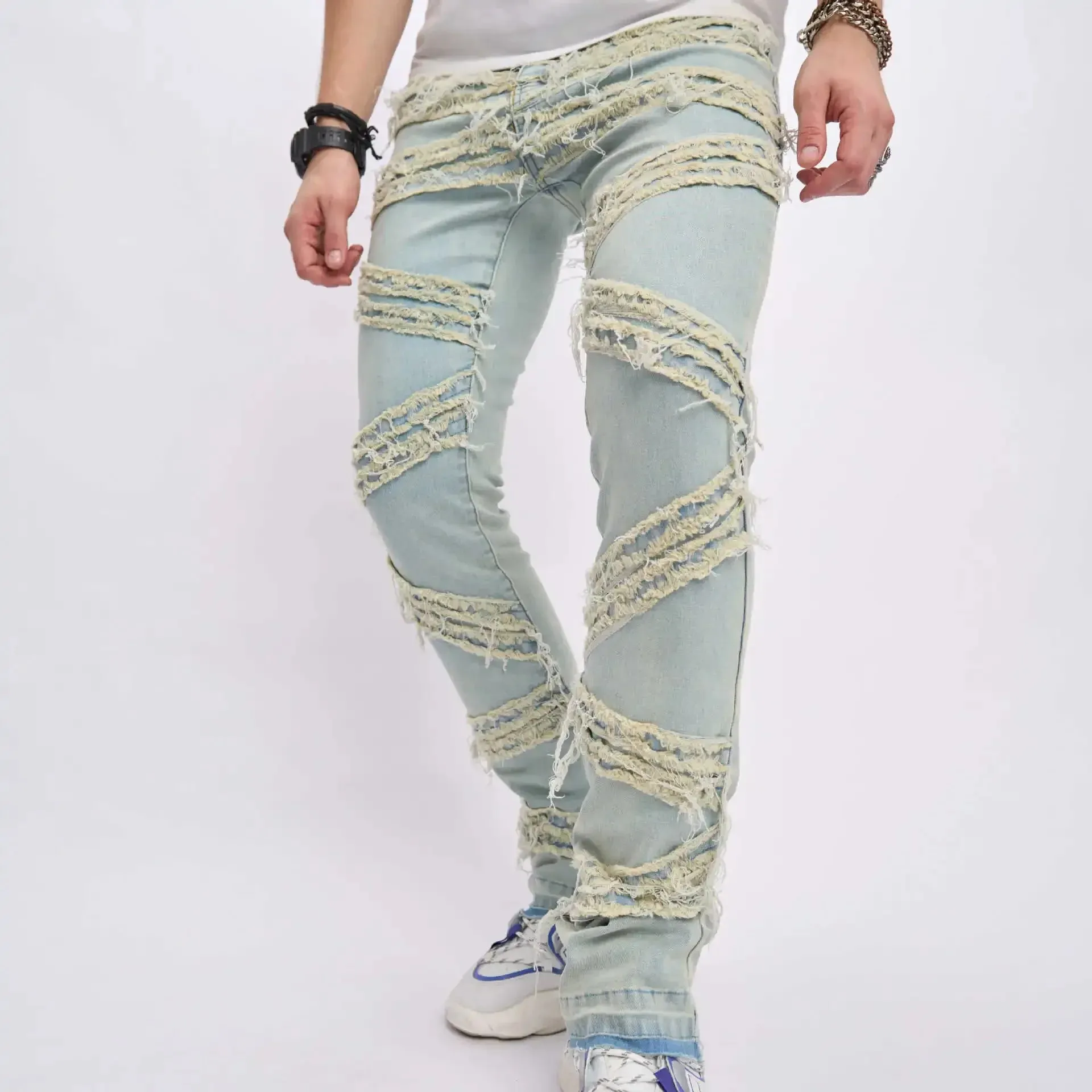Gescheurde herenjeans Rekbaar denim Street chic Scheurend patchwork Gaten Gescheurd denim Losse casual broek Slim-fit rechte broek