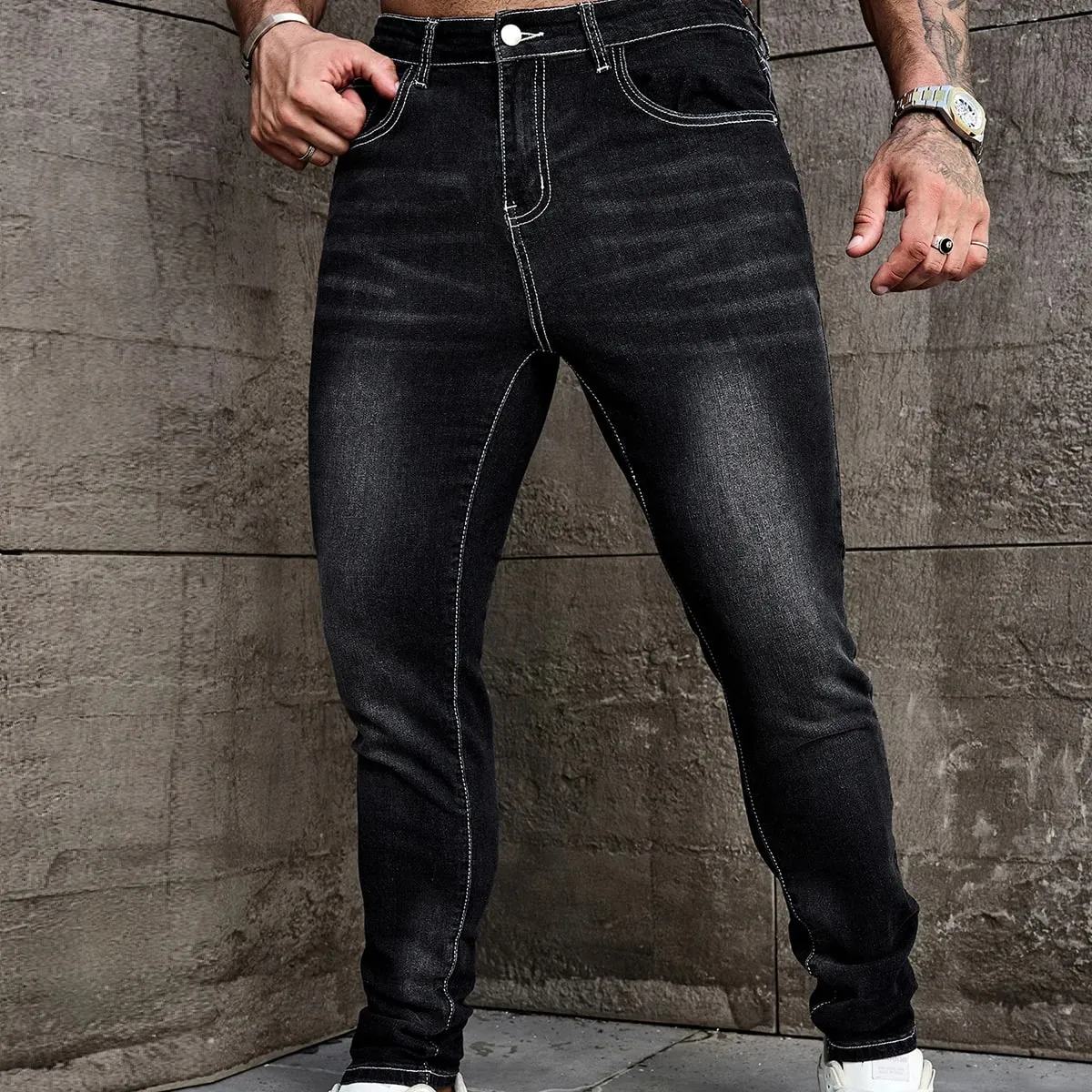 Men Jeans Denim Pants Clothing Trousers Men's Casual Black Washed Slim Fit Stretch Skinny Denim Pants