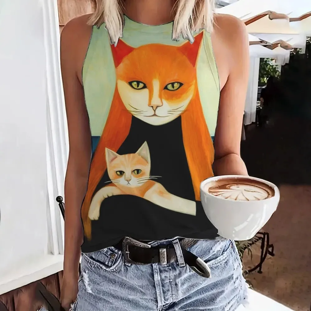 Débardeur d'été imprimé visage drôle de chat en 3D pour femmes, Streetwear à la mode, surdimensionné, col rond, gilet, épaules dénudées, sans manches, Camisole