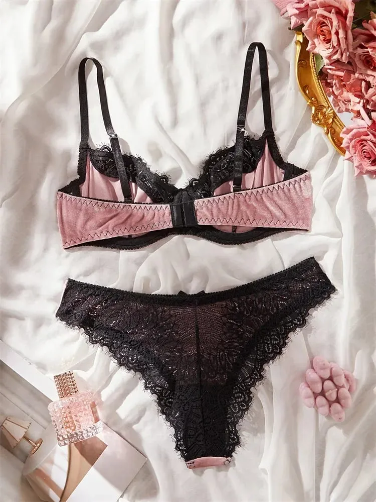 Sexy Lingerie Luxury Velevet Lingerie Set Sweet Lace Splicing Sexy Bras French Underwear Women Set Three-point Intimate Lingerie