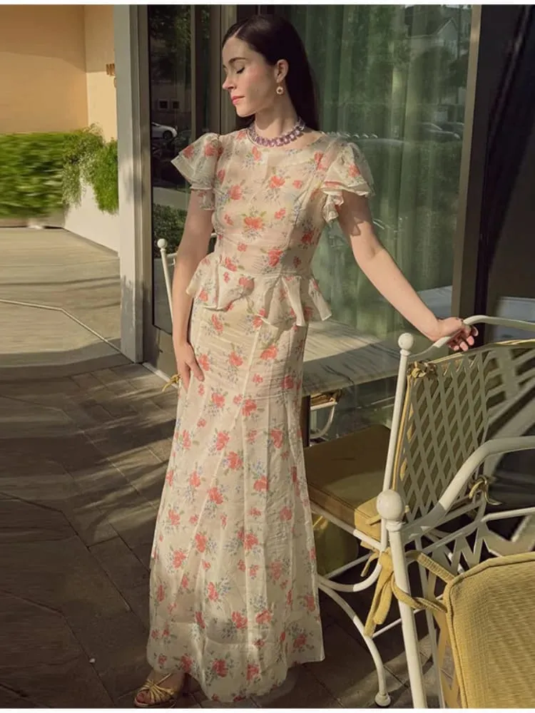 Organza Floral Printed Maxi Dress V-Neck Puff Sleeve 2026 Spring/Summer Romantic Women Party Gown Fashion Elegant Lady Vestidos