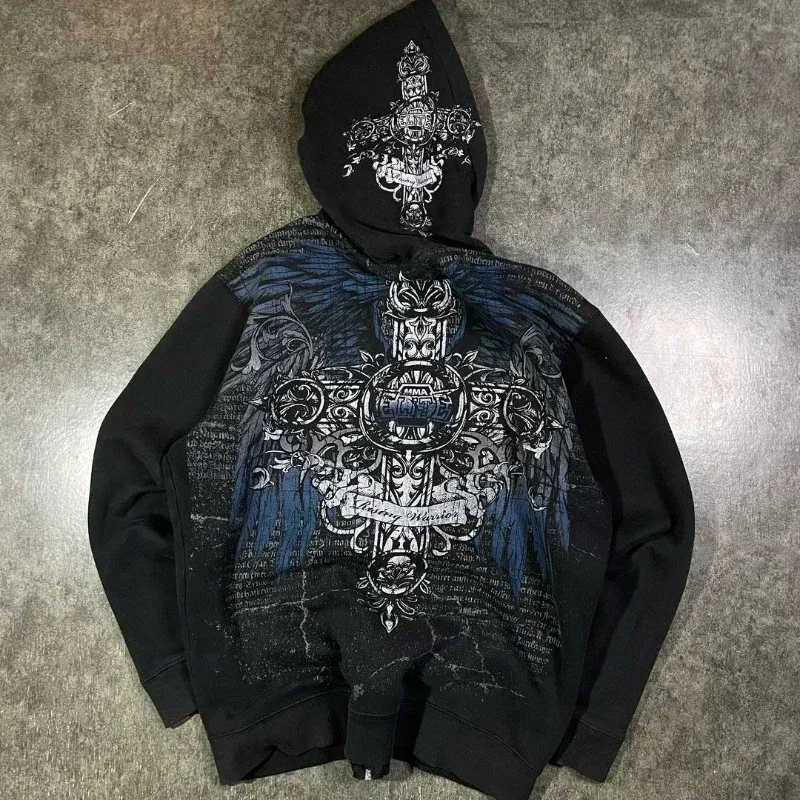 Mens Zip Up Hoodie Dark Blue Wings Print Unique Graphic Y2K Streetwear American Urban Pullover Youth Clothing Hooded Sweatshirt