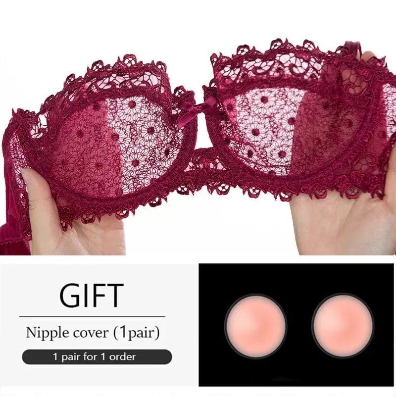 Plus Size Sexy Half Cup Lace Bra Sheer Mesh Unlined Bralette for Women A D Cup Invisible Push Up Underwire Lingerie Set