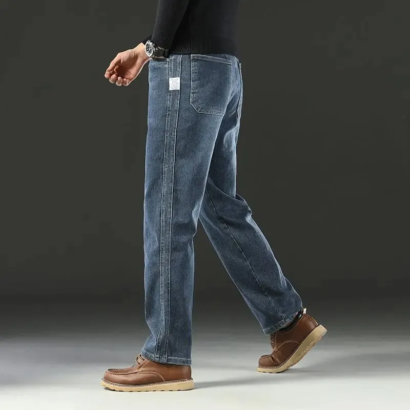 Men's Spring Autumn Soft Baggy Jeans Casual Straight Stretch Wide-Leg Business Denim Pants Versatile Comfortable Loose Trousers