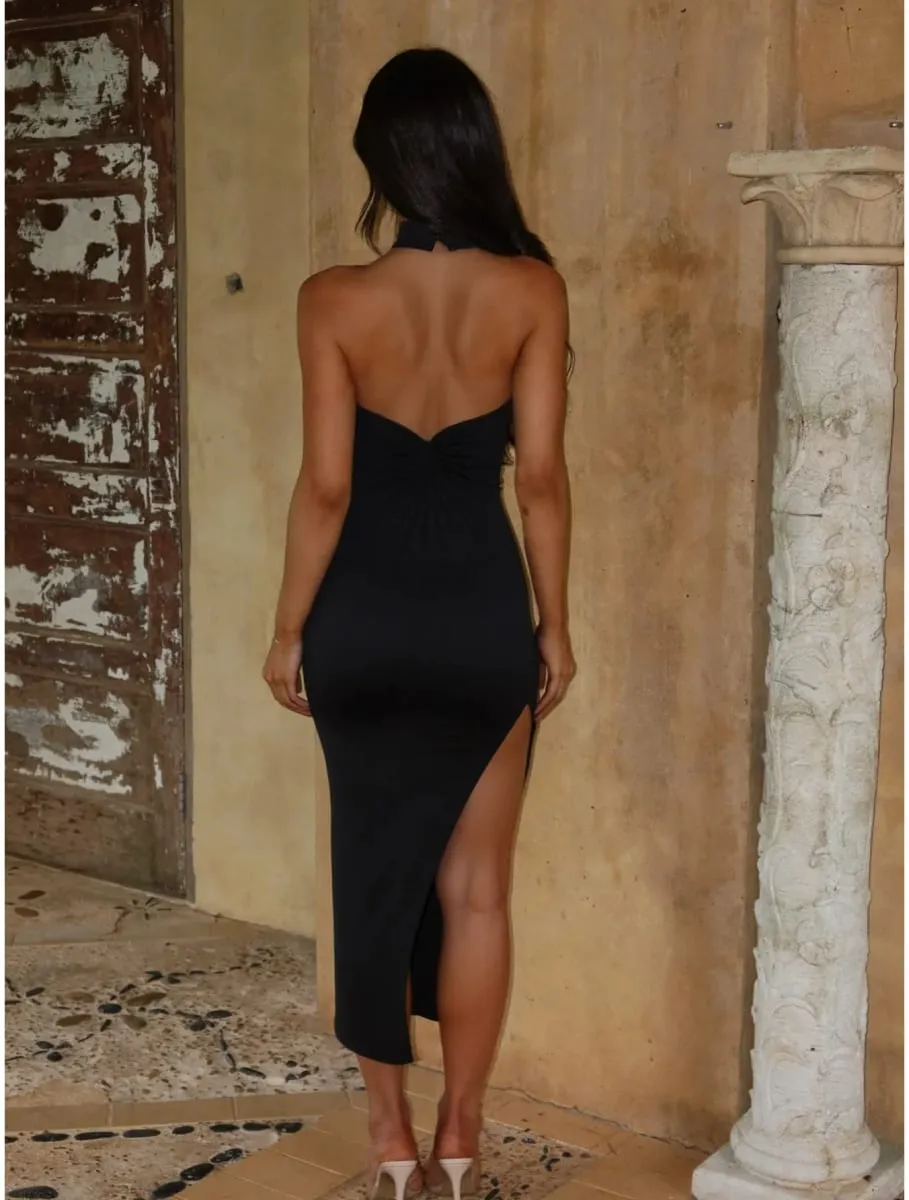 Women's sleeveless slanted shoulder slim fit patchwork solid color evening dress dress
