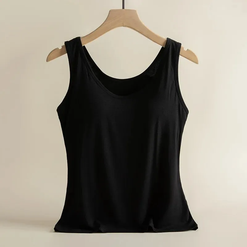 1pcs Women's Vest Tops Round Neck Vests Solid Color Padded Slim Fit Tank Tops Sexy Feminino Casual Tank Tops With Built In Bras