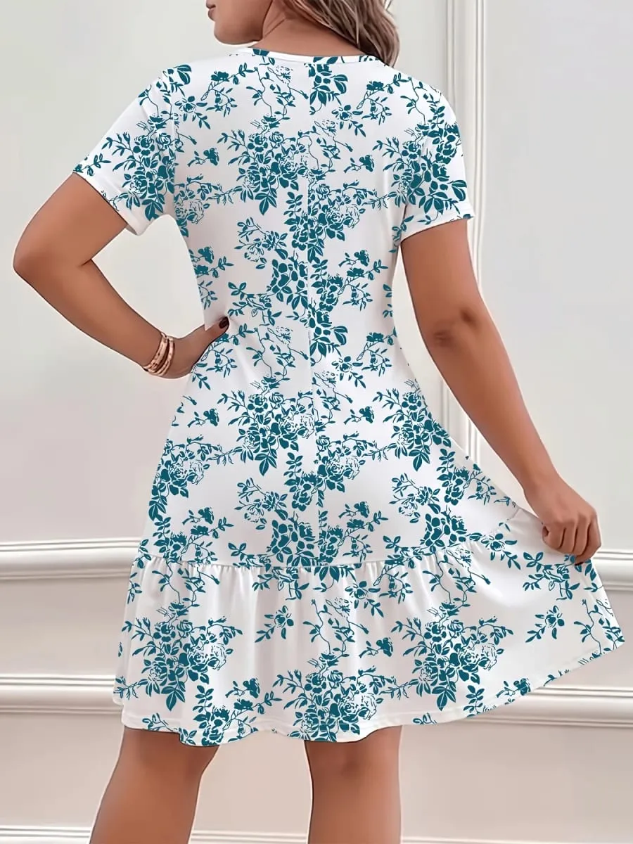 Summer Mid-Length Dress with Round Neck Casual Floral Print Short Sleeves and Ruffled Hem