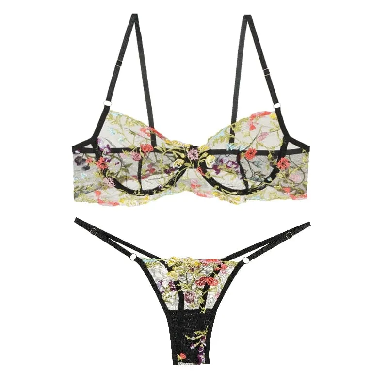 Women's New Sexy Embroidered Floral Lingerie Set Single-Layer Underwire Bra Thong Pants Hollow Transparent Out Lingerie Set