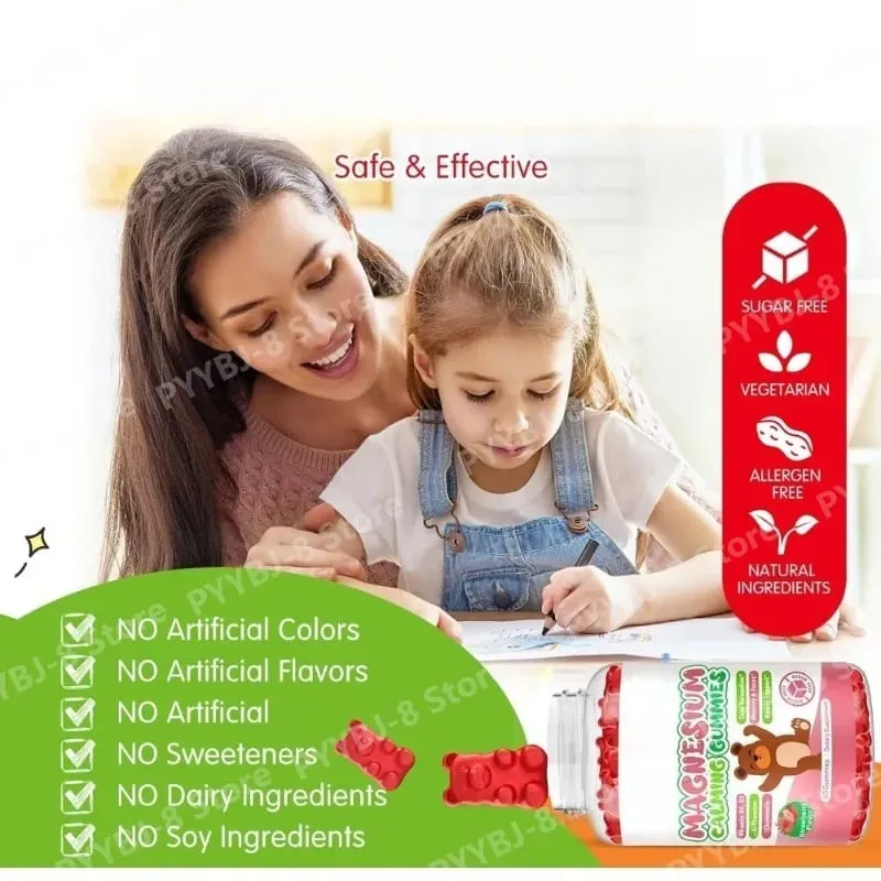 Magnesium Glycinate Gummies Strawberry Flavor with L-Theanine Vitamin B6/D3 Helps Reduce Stress and Support Muscle & Bone Health