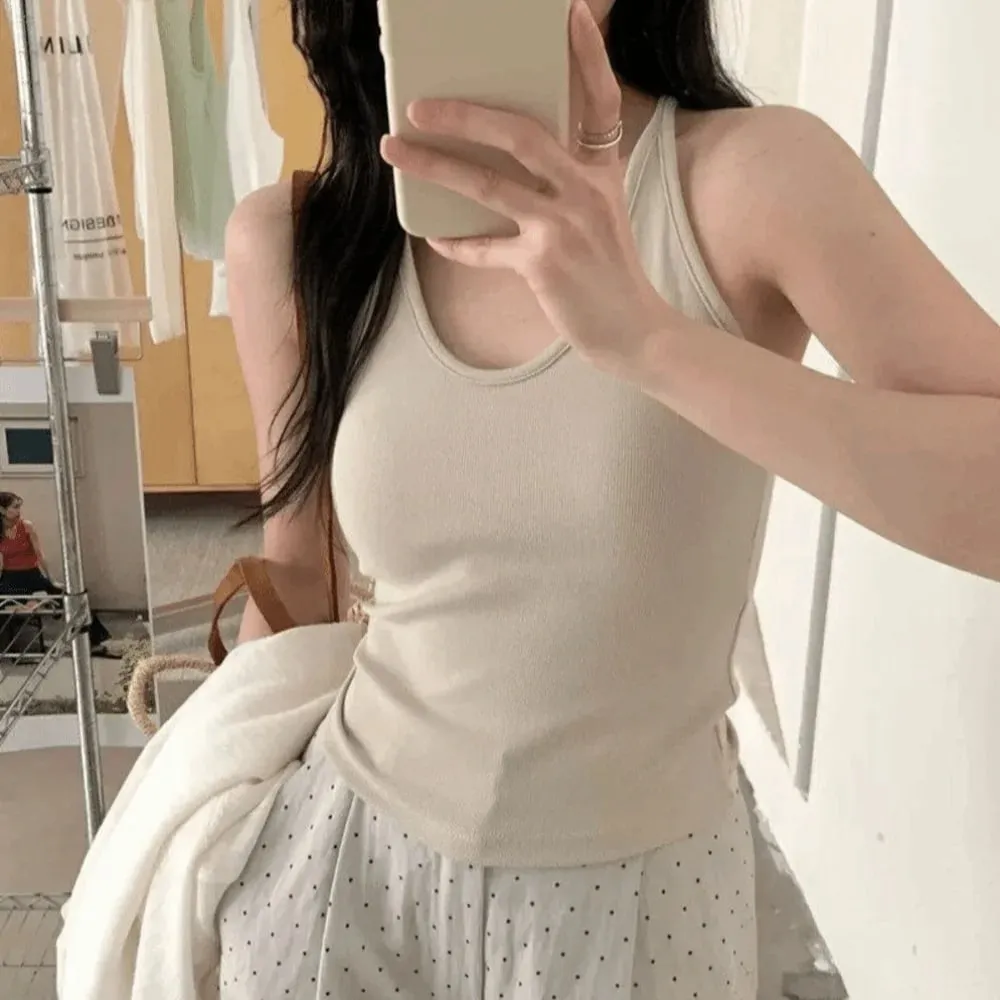 Korean Style with Chest Pad Strap Vest U-Neck Solid Color Backless Sleeveless Top Slimming Women Camis Summer