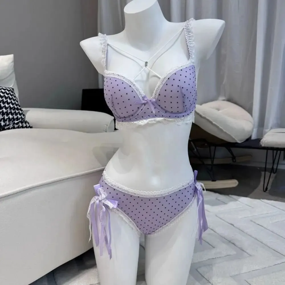 Beautiful Dots Lace Bra Set Bowknots Lace-up Bra Panties Set Love Heart Intimates Push Up Bra Women Romantic Evenings