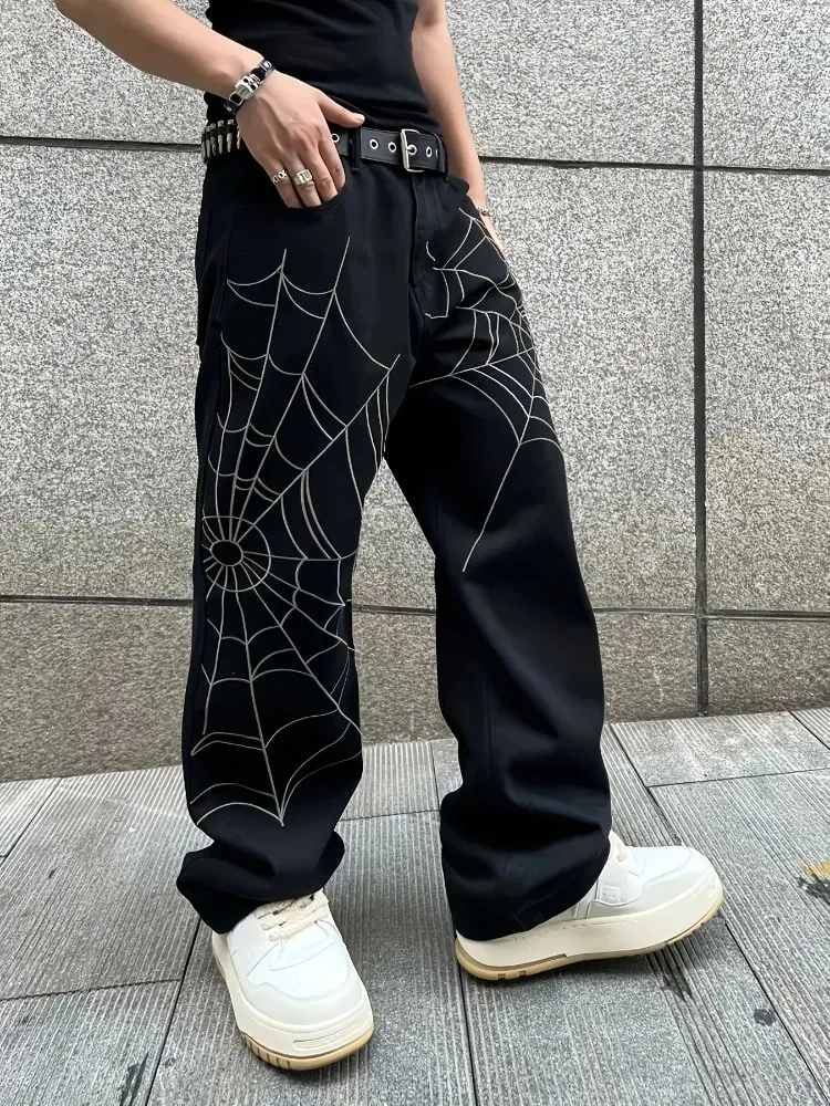 Men's Black Jeans Spider Web Printing Loose Wide Leg Casual Daily Trousers High Street Fashion Trendy Streetwear Denim Pants