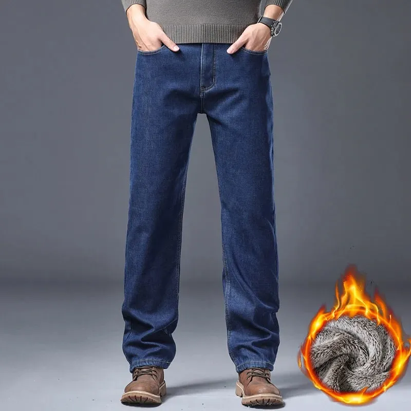 Pantalones vaqueros gruesos con forro polar para hombre, pantalones vaqueros ajustados elásticos cálidos de invierno, pantalones cómodos y suaves para ropa de trabajo diaria