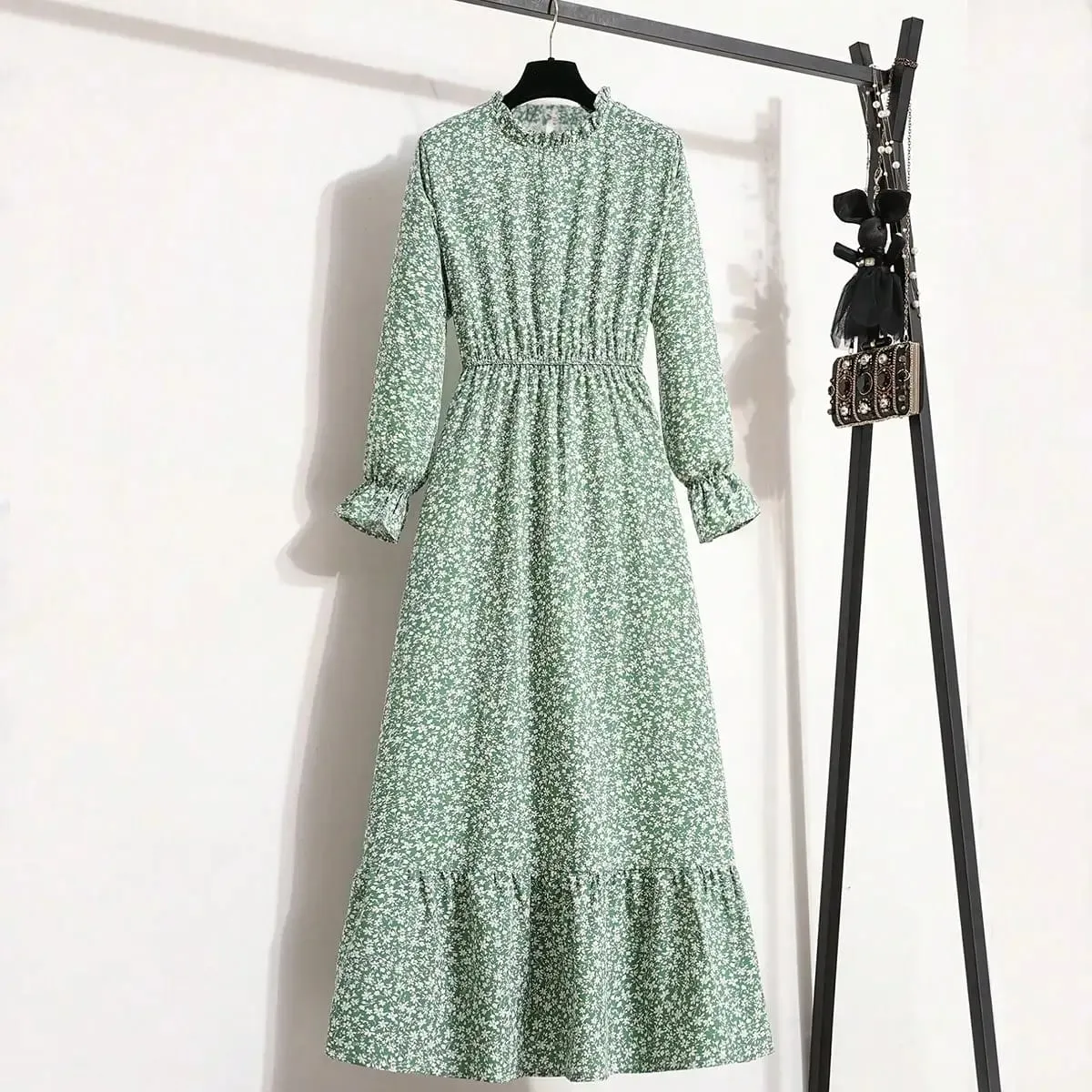Women's Loose Midi Dress 2026 Casual 100% Polyester Ditsy Floral Print Long Sleeve with Ruffle Neck Elastic Waist & Ruffle Hem