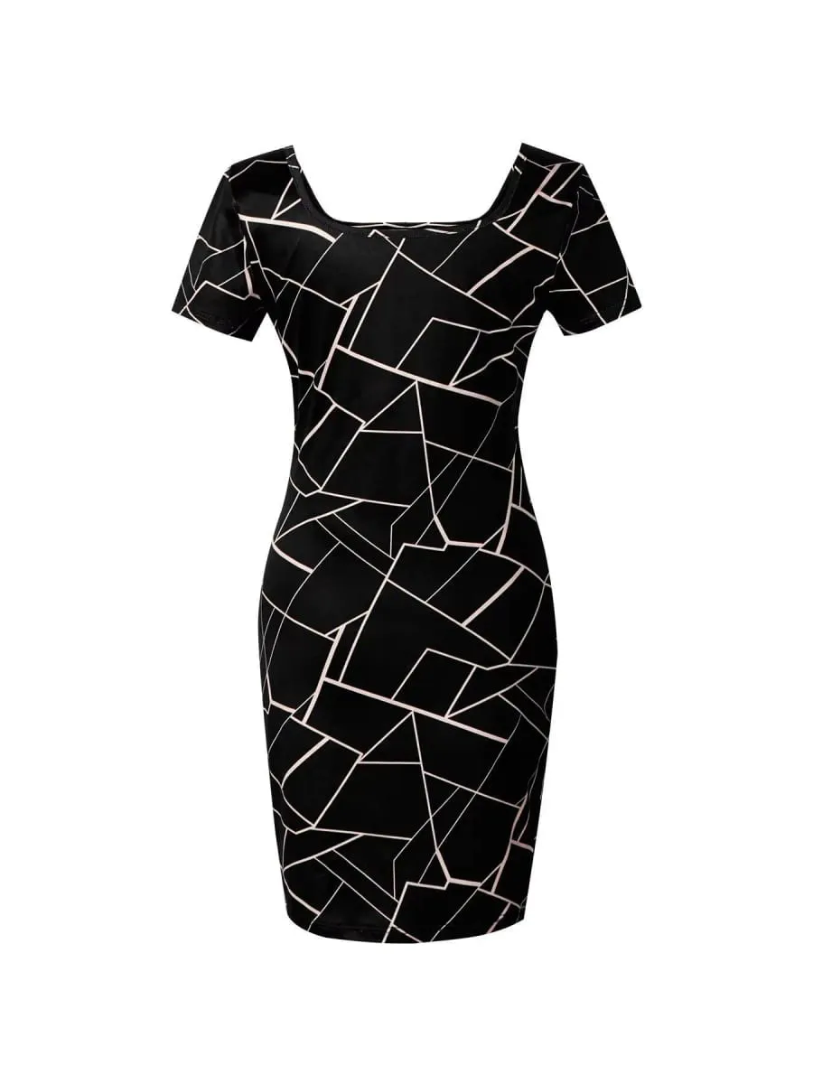 Women Dress Square Neck Short Sleeve Geometric Print Bodycon Mini Dress Sleek Spring Summer Chic Party Club Night Out Flattering