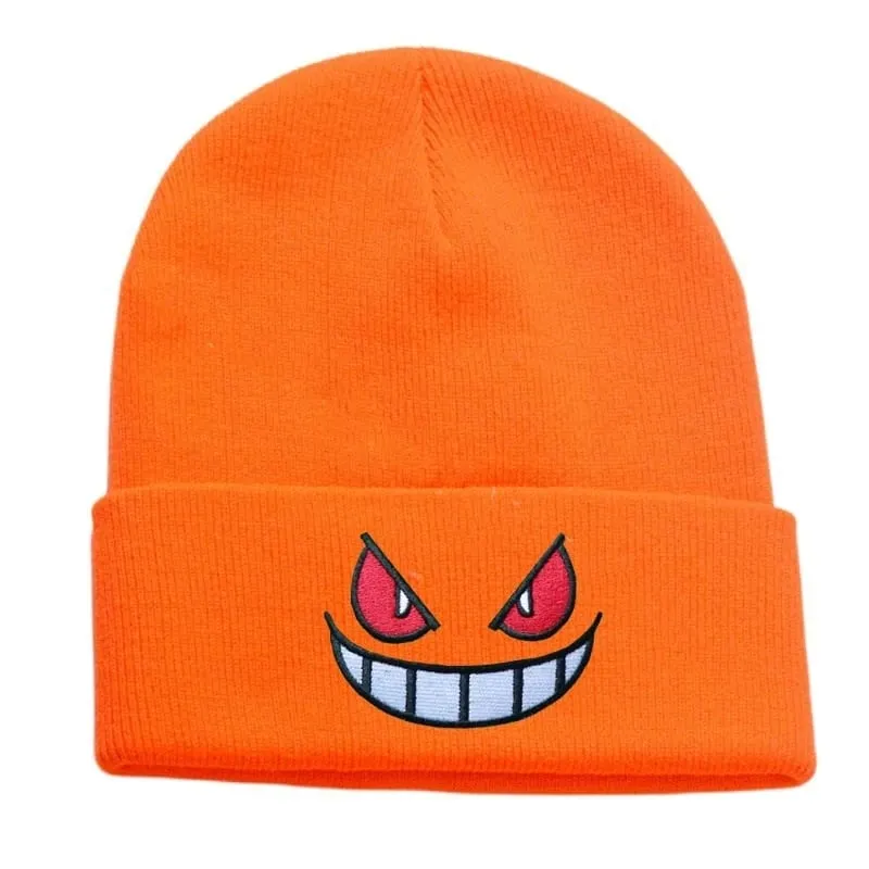 Pokemon Gengar Kartun Bordir Beanies Rajutan Skullies Musim Gugur Musim Dingin Topi Wol Hangat Gengar Wanita Pria Beanies