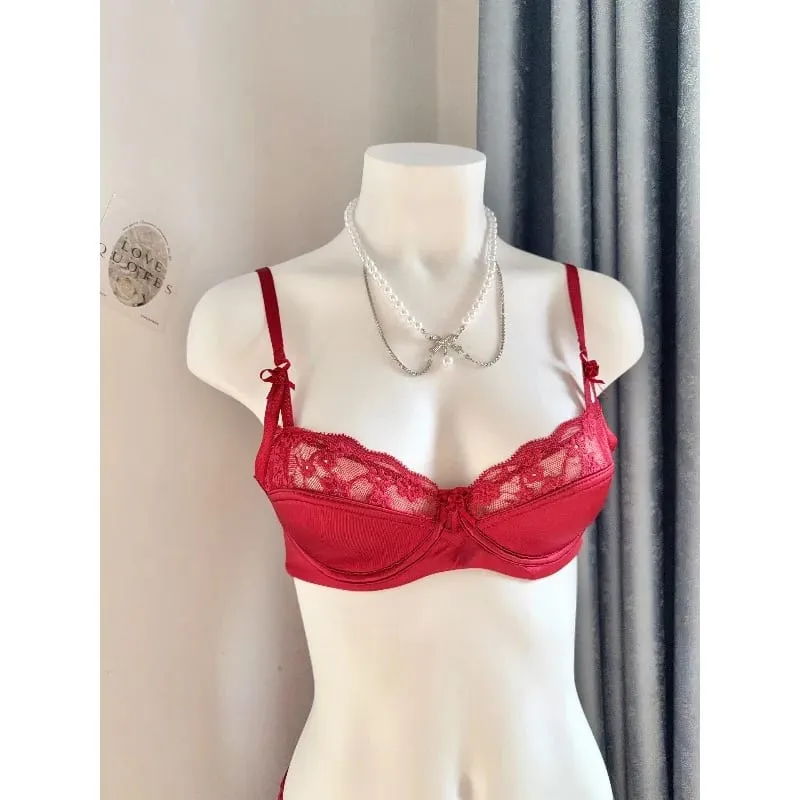 Popular Red Lace Minimizer Bra Set Ladies Half Cup Ultra Thin Big Bust Soft Support Bridal Party Honeymoon Night Out 32-38 Suit