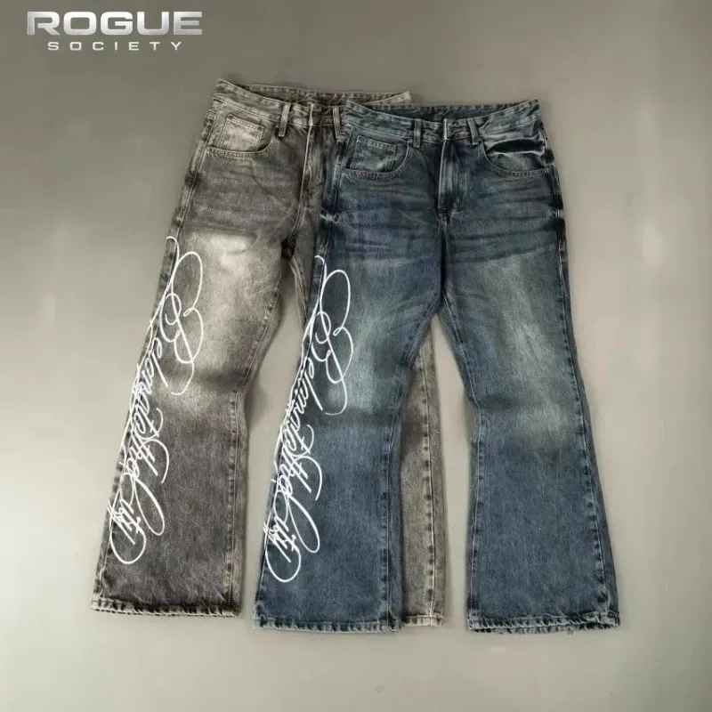 American Retro Y2K Streetwear Men Women Jeans Grunge Washed Faded Script Print High Street Hip Hop New Denim Summer Pants Casual