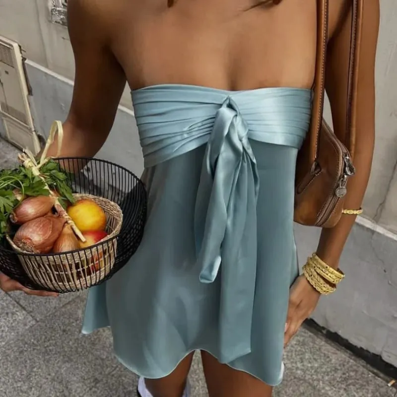 Satin Silky Strapless Dress for Women Sweet Girlish Sleeveless Backless Loose Dresses 2026 NEW Spring Lady Vacation Vestidos