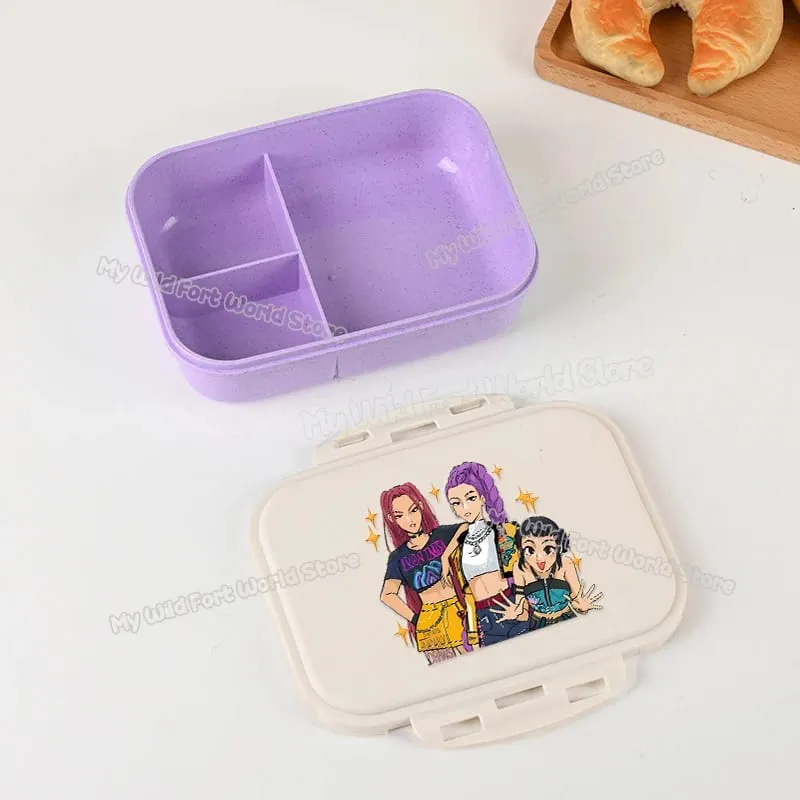 Demon Hunters Lunch Box para sa Boy Girl Cute Mira Zoey Jinu Portable Plastic Bento Box na may Dinnerware Food Fruit Container