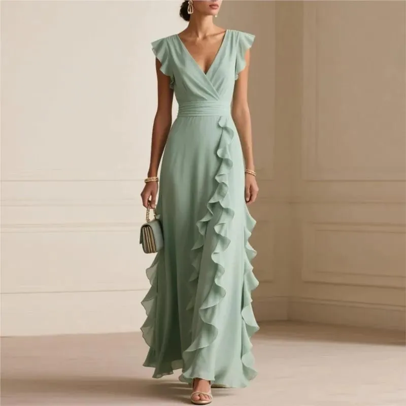 Damen Elegant Einfarbig Rüschen Ärmellos Sexy V-Ausschnitt Langes Kleid Modische Bohemian Damen Party Abend Maxikleider