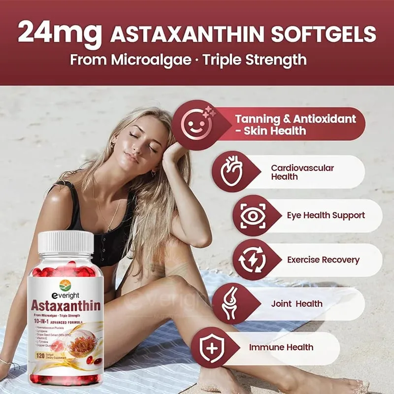 Astaxanthin 24mg – Antioksidan Ampuh untuk Kulit Mata & Kesehatan Kekebalan Tubuh – 10-in-1 dengan Lycopene Grape Seed Vitamin E & Zinc