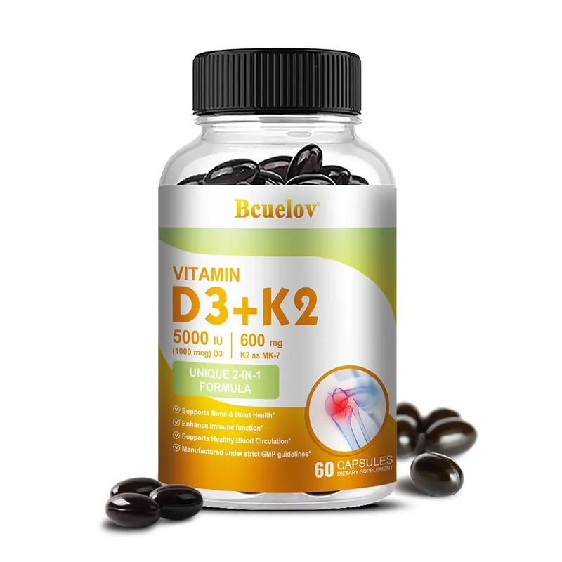 Bcuelov Vitamin D3+K2 5000 IU Vitamin D3 formula bukan GMO yang mudah ditelan vitamin D dan K kompleks makanan tambahan