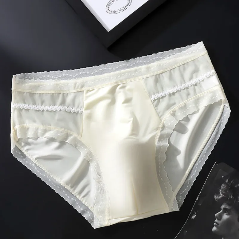 Men's Sexy Lace Thin Seamless Ice Silk Briefs Underwear 3D Bulge Pouch Panties U Convex Sexy Underwear Ice Silk Lace Thin