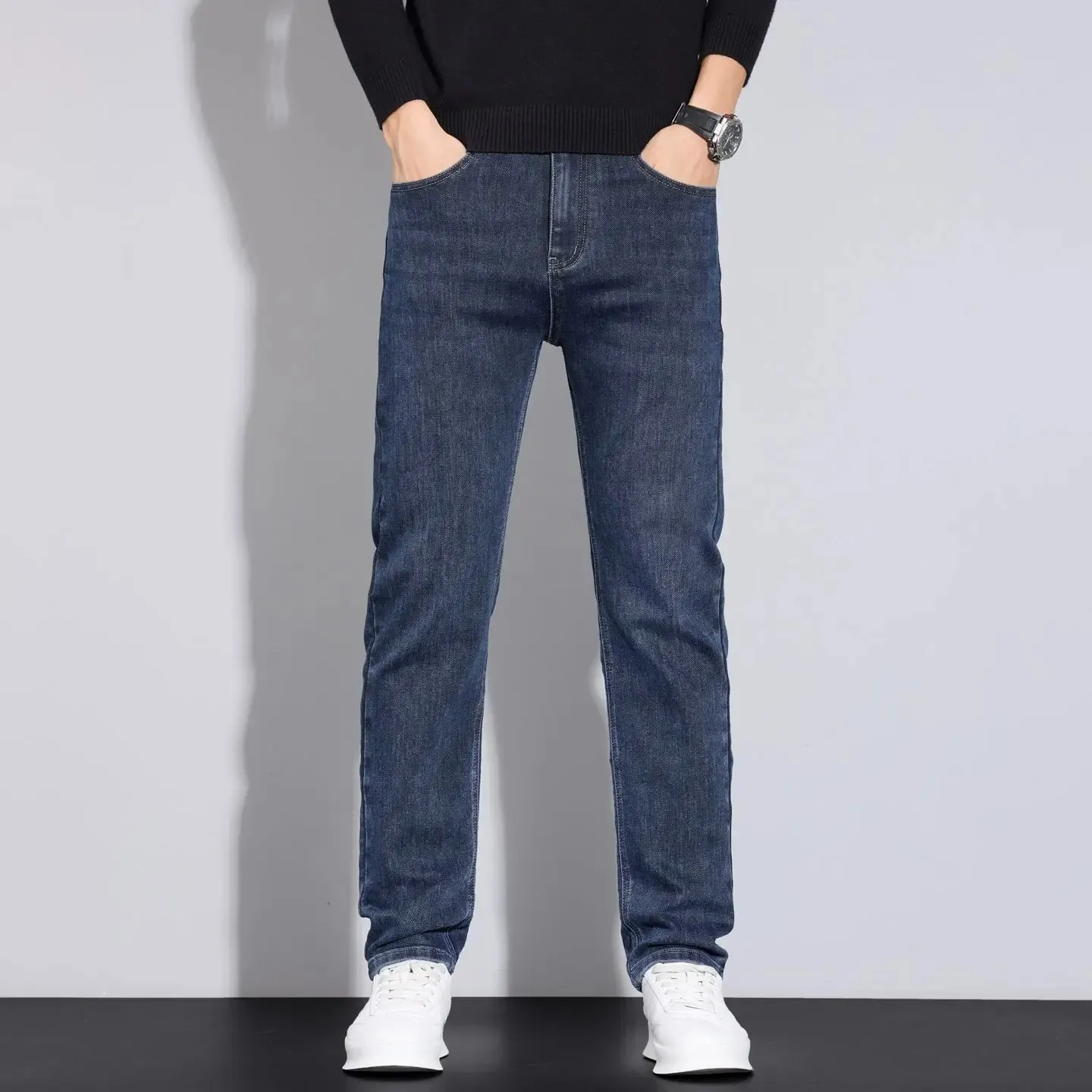2025 men's fashion business jeans classic style casual elastic slim fit jeans men's denim pants black blue — image 3
