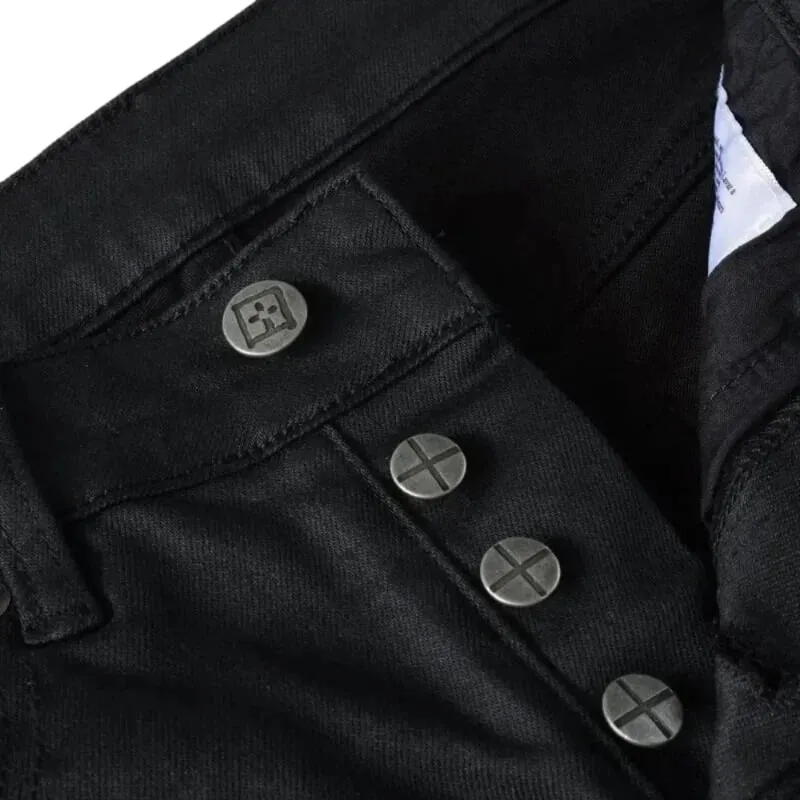 Men's High Street Black Coated Denim Jeans Washed Skinny Fit Embroidered Letter Motif Button Fly Versatile Year‑Round Outfit