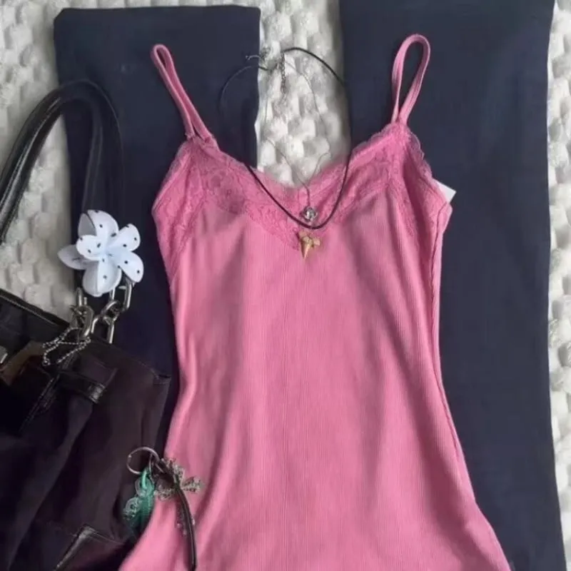 2000s Harajuku Vintage Hot Girl Slim Tanks Y2k American Retro Sexy Camis Summer Japanese Sweet Lacce Solid Sleeveless Tops Chic