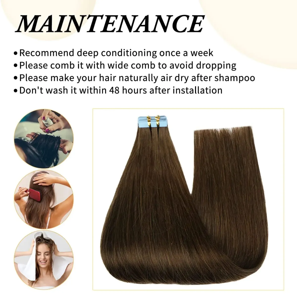Doreen Tape In Human Hair Extensions Chestnut Brown 16 to 24 Inch 20 Pcs 50g/Pack Silky Straight PU Skin Weft Seamless Tape in