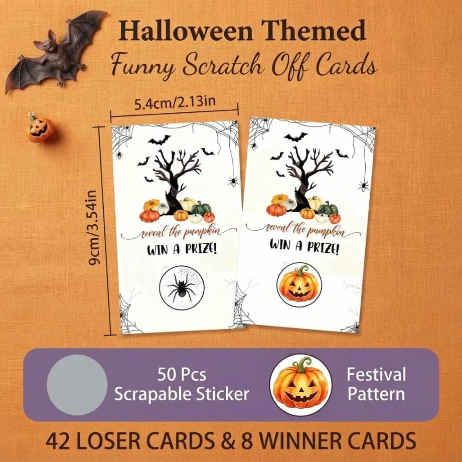 50 Halloween scratch cards Pumpkin Theme Halloween Party Games Scratch to Win!