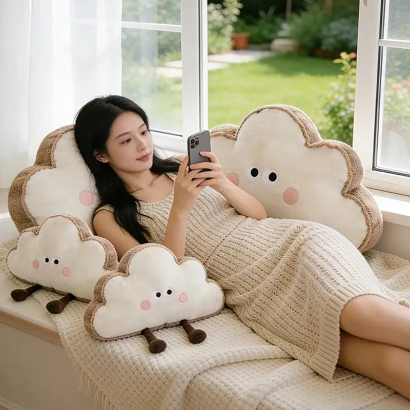 35~65cm Toast Cloud Plush Pillow Kawaii Humanoid Decor Plushie Sofa Chair Back Support Cushion Gift