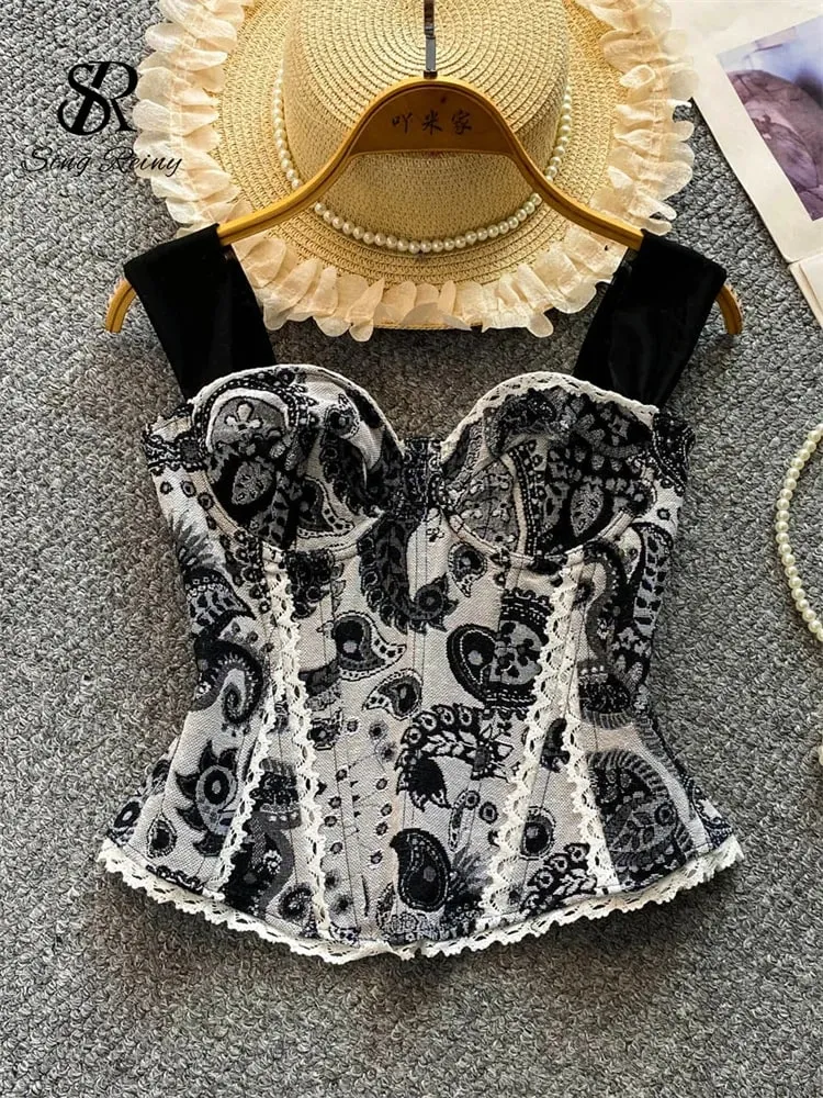 American Retro Print Evening Camisole Female Strap Lace Spliced Slim Top 2025 Streetwear Floral Vintage Beach Tank Top