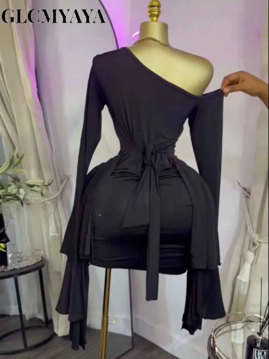 Women Drop Shoulder Flare Sleeve Ruffles Side Bodycon Midi Mini Dress 2026 Birthday Holiday Trendy Dresses Vestidos