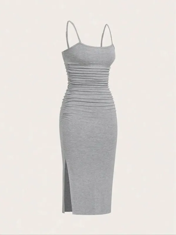 Women Spaghetti Strap Midi Dress Ruched Side Bodycon Slit Cami Pencil Midi Dress
